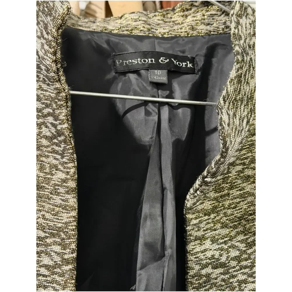 Preston & York Open Front Blazer Jacket Women 10 Cream Green Textured Classic - Picture 5 of 5